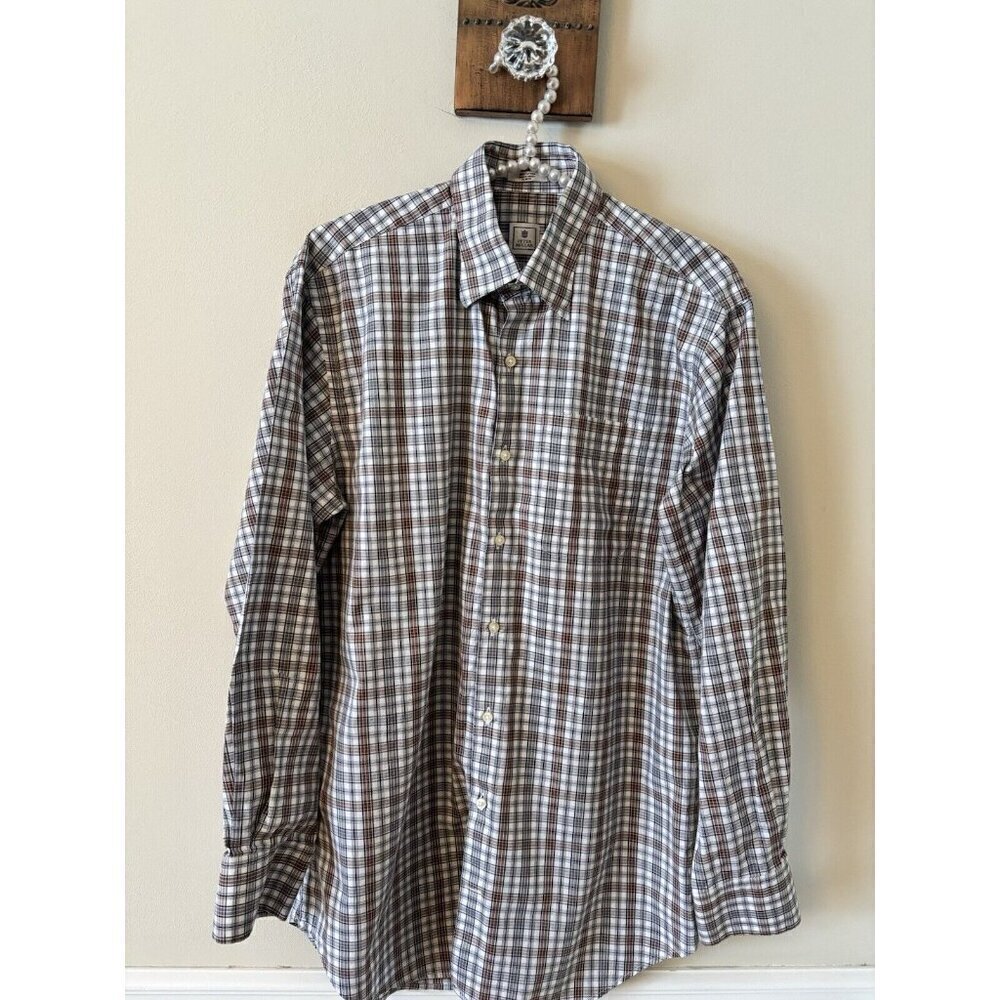 Peter Millar Mens Size M Brown Plaid Long Sleeve Shirt Button Front Cotton